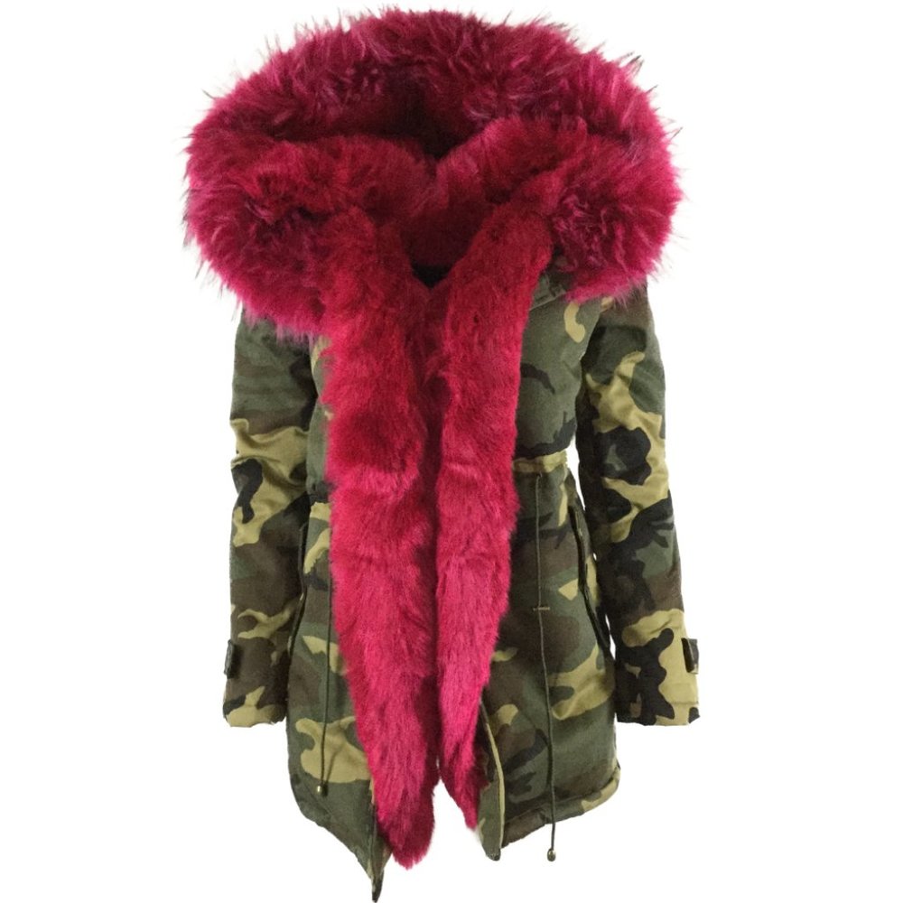 Fuscia Faux Fur Camo Parka